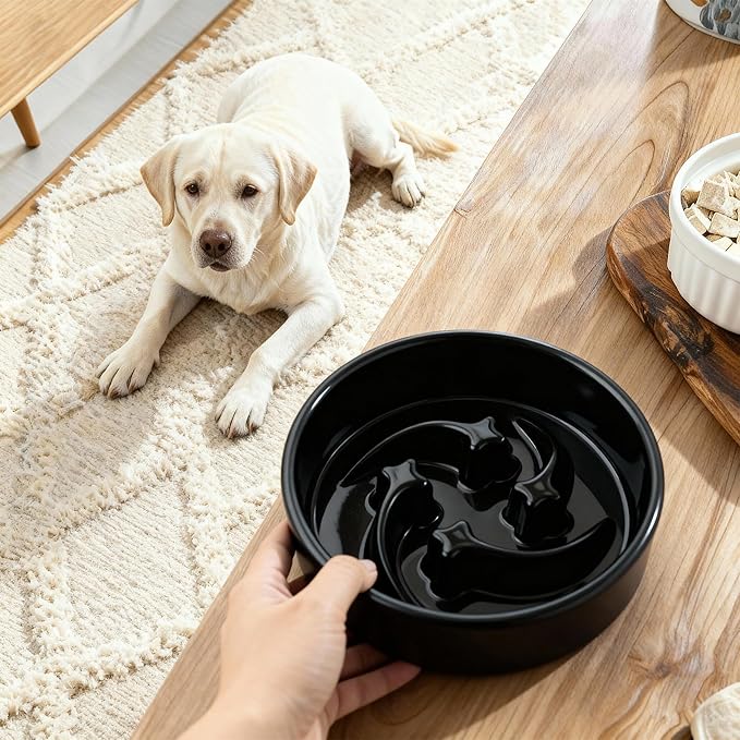 Ceramic Slow Feeder Dog Bowls Small Breed, 0.6 Cups Slow Eating Dog Bowl, Anti-Gulping Puppy Food Bowl Reduce Choking, Puzzle Maze Design Pet Dishes for Fast Eaters, 6.3 inch - Black