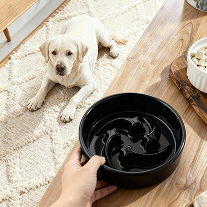 Ceramic Slow Feeder Dog Bowls Small Breed, 0.6 Cups Slow Eating Dog Bowl, Anti-Gulping Puppy Food Bowl Reduce Choking, Puzzle Maze Design Pet Dishes for Fast Eaters, 6.3 inch - Black