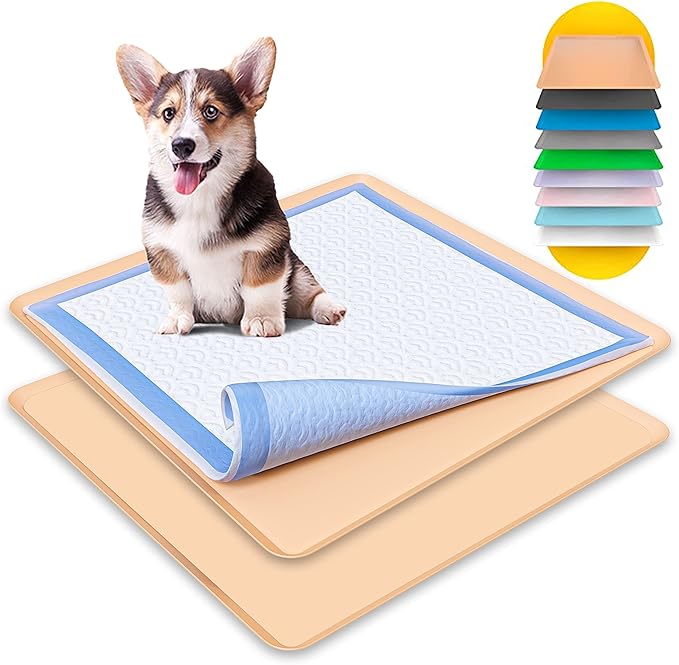 TidyFriend 2 Pack Dog Pee Pad Holder Tray - Fits Up to 24” x 24” Pee Pad Holder for Dogs - Stable Grip, Raised Edges, Quick-Wipe Silicone Surface Dog Pad Holder for Indoor Flooring Protection (Beige)