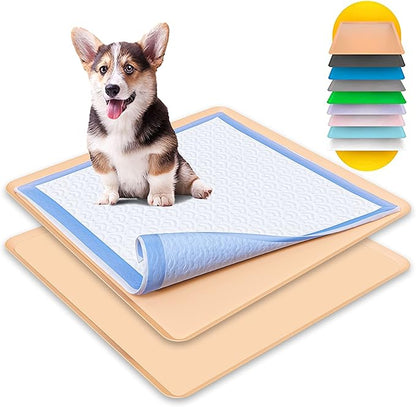 TidyFriend 2 Pack Dog Pee Pad Holder Tray - Fits Up to 24” x 24” Pee Pad Holder for Dogs - Stable Grip, Raised Edges, Quick-Wipe Silicone Surface Dog Pad Holder for Indoor Flooring Protection (Beige)