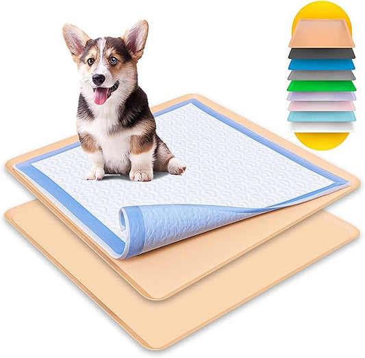 TidyFriend 2 Pack Dog Pee Pad Holder Tray - Fits Up to 24” x 24” Pee Pad Holder for Dogs - Stable Grip, Raised Edges, Quick-Wipe Silicone Surface Dog Pad Holder for Indoor Flooring Protection (Beige)