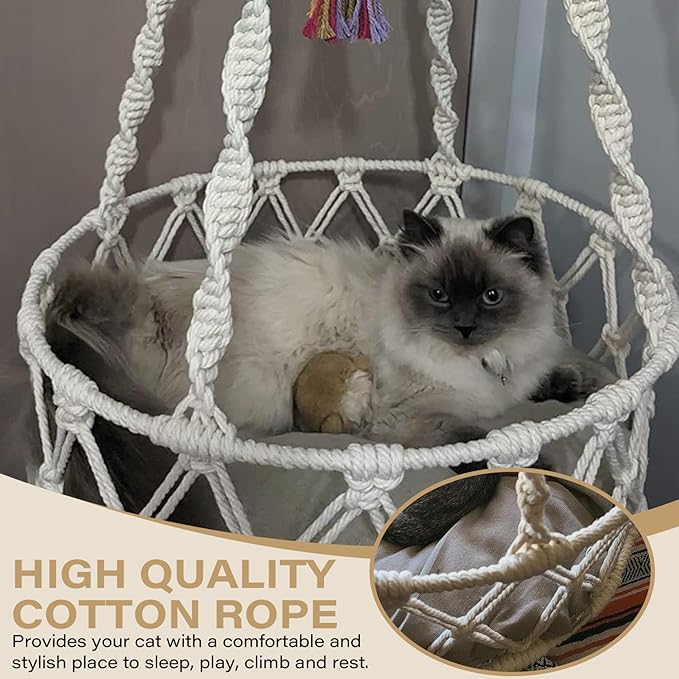 Cat Swing, 49 Inch Hanging Cat Bed with Cotton Mat, Boho Style Hammock with Tassel, Space Saving Hammock Bed for Sleeping, Playing, and Lounging, Hammocks