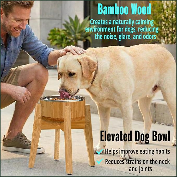Elevated Dog Bowl for Mid-Large Breed, (12-Inch High) - Raised Food and Water Bowl with Stand, Flip-Resistant - Real Bamboo and Stainless Steel