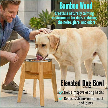 Elevated Dog Bowl for Mid-Large Breed, (12-Inch High) - Raised Food and Water Bowl with Stand, Flip-Resistant - Real Bamboo and Stainless Steel