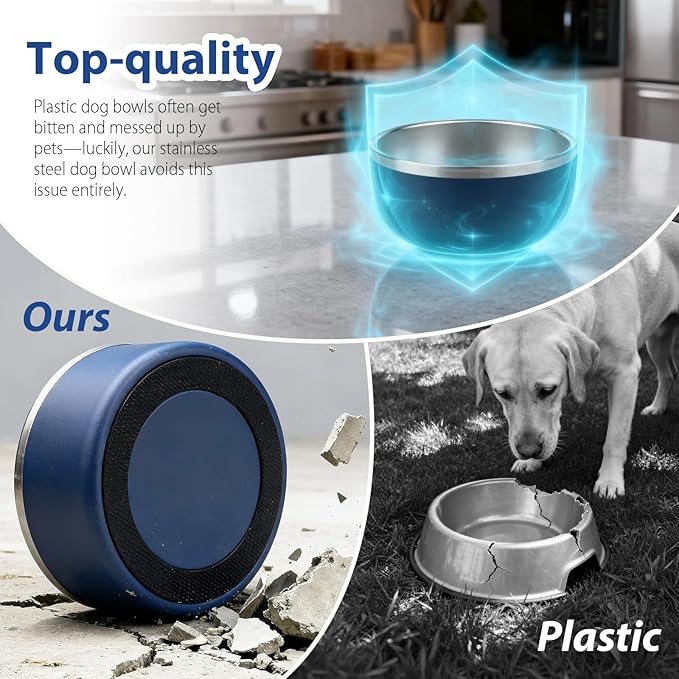 Dog Bowl, Stainless Steel Dog Bowls for Food and Water, Metal Pet Feeding Bowl with Insulated Non-Slip Quiet Bottom, Easy to Clean, Dishwasher Safe, 64oz,8 Cup | Navy
