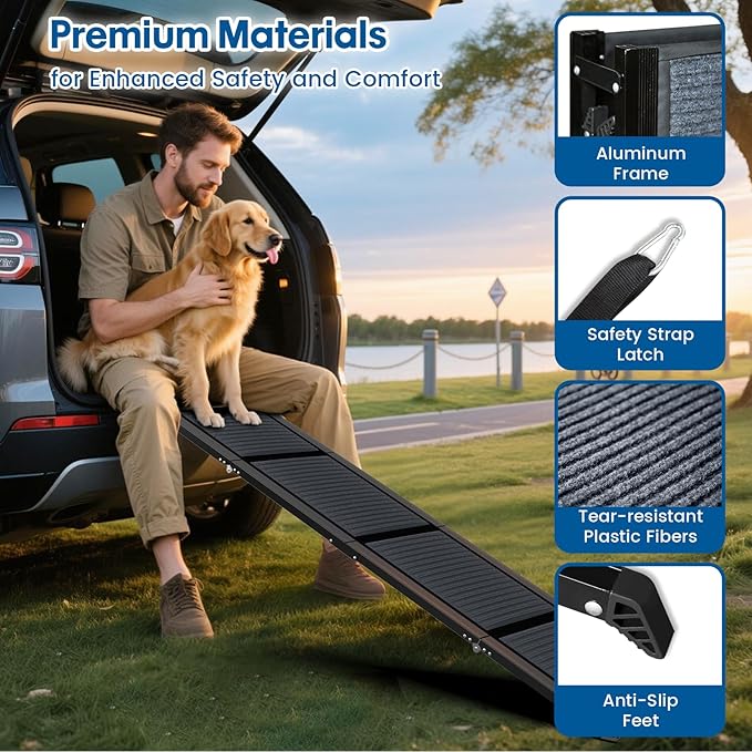 HBTower 67" Long & 17.3" Wide Folding Dog Ramp for Car, SUV & Truck – Portable Pet Ramp with Non-Slip Surface, Extra Wide Steps for Large Dogs Up to 250LBS