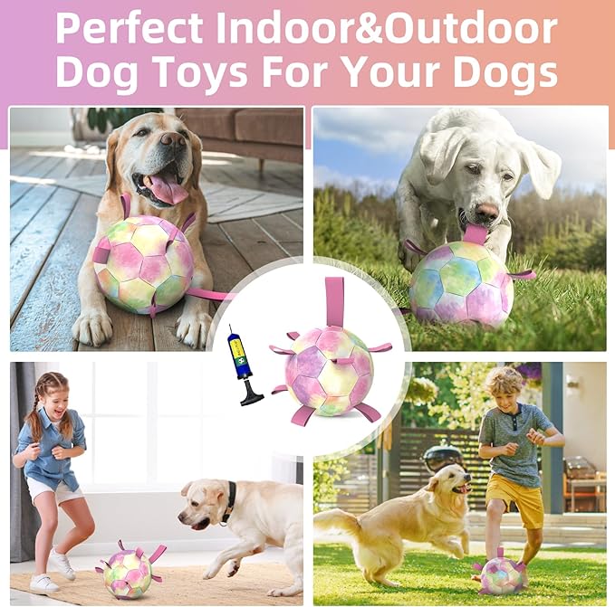 QDAN Extra Large Dog Toys Soccer Ball for Extra Large Dogs - Durable Dog Ball for Beach Pool Water Toy, Interactive Tug of War, Puppy Birthday Gifts, Rainbow (9 Inch)