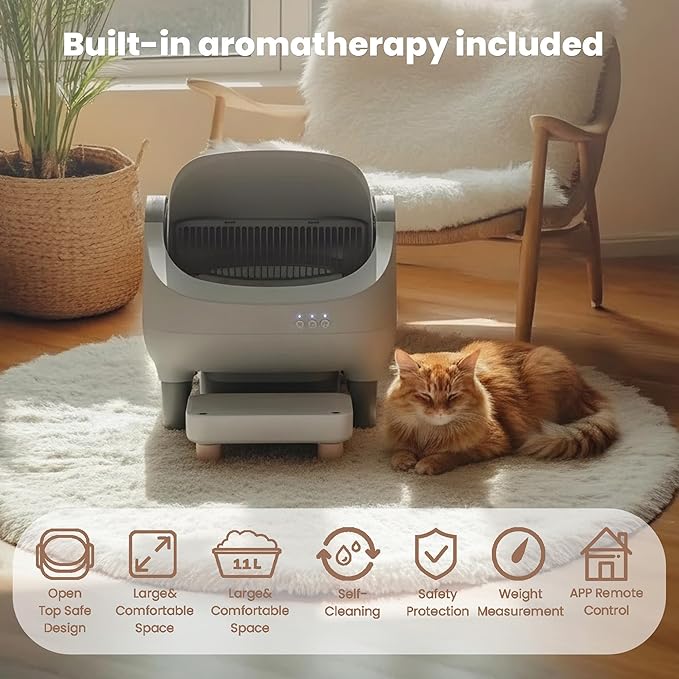 Upgraded Automatic Litter Box with Raised Step, Large Capacity Self Cleaning Litter Box for Multiple Cats with Open Top Design, Safety Protection, Smart App Control, Odor-Free & Health Monitoring