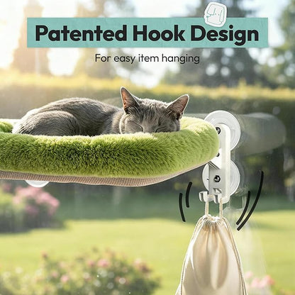 Cordless Cat Window Perch, Foldable Cat Window Hammock, 4 Strong Suction Cups, Solid Metal Frame, Patented Hook Design, Cushion Green, L