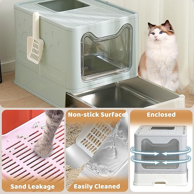Enclosed Cat Litter Box with Lid Top Exit Covered Metal Stainless Steel Litter Box Leak Proof & Odorless Easy to Clean Including Cat Litter Scoop and Litter Mat
