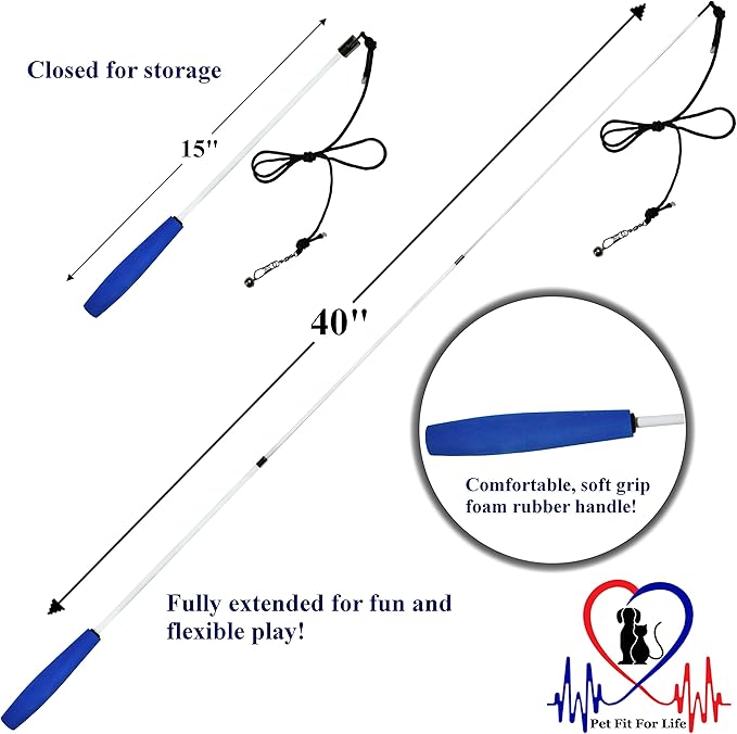 Pet Fit For Life - Retractable Feather Wand for Cats - Durable Interactive Cat Toy, Teaser Fishing Pole with Feather Lures - Fun Kitten Play Wand, 2 Feathers with String Attachment