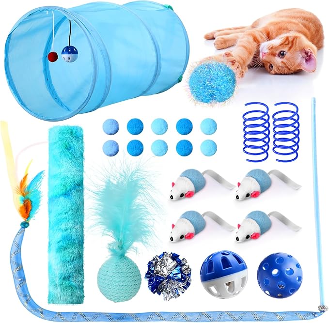 24 Pcs Cat Toys Set Interactive Kitten Toys Pack Including Collapsible Play Tunnel Feather Teaser Wand Fuzzy Ball Springs Pillow Mouse Bells for Indoor Cats Puppy(Blue,Classic)
