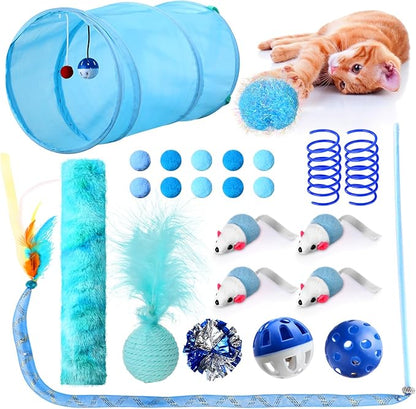 24 Pcs Cat Toys Set Interactive Kitten Toys Pack Including Collapsible Play Tunnel Feather Teaser Wand Fuzzy Ball Springs Pillow Mouse Bells for Indoor Cats Puppy(Blue,Classic)