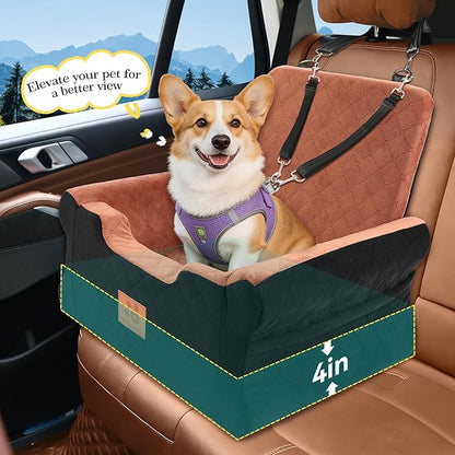 NEEZUKAR Dog Car Seats for Small/Medium Dogs, Elevated Memory Foam Dog Booster Seat, Detachable Washable Pet Car Seat with Safety Belts & Storage Pockets (Black-Brown)