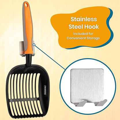 PAWBEE Premium Non-Stick Metal Cat Litter Scooper with Holder, Deep Shovel Poop Scoop, Long Non-Slip Handle