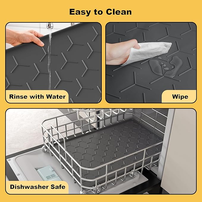 Pieviev 34''x22'' Dog Cat Food Bowl Mat, Silicone Waterproof Food Grade Pet Food Mat for Floor, High Raised Edge to Prevent Spills, Non-Slip & Easy Clean Pet Placemat for Dog & Cat Bowls, Dark Gray