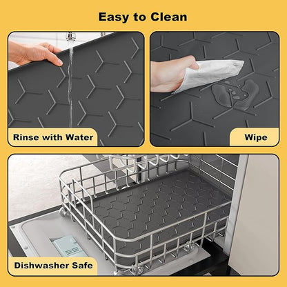 Pieviev 34''x22'' Dog Cat Food Bowl Mat, Silicone Waterproof Food Grade Pet Food Mat for Floor, High Raised Edge to Prevent Spills, Non-Slip & Easy Clean Pet Placemat for Dog & Cat Bowls, Dark Gray