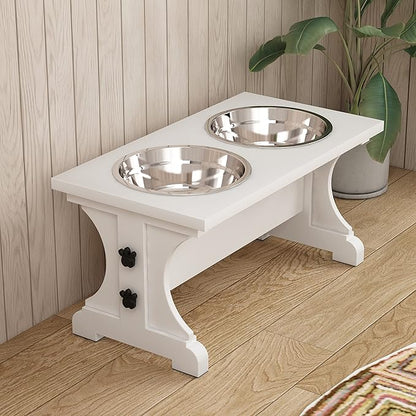 Piskyet Farmhouse Dog Bowls Stand, Elevated Dog Bowl with 2 Stainless Steel Wooden Bowls, 3.5Cups 8.6" H - 30 oz White