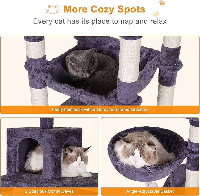 Heybly Cat Tree, 70 inches Tall Cat Tower Condo with Toy for Indoor Large Cats, Cat House Furniture with Padded Plush Perch, Cozy Hammock and Sisal Scratching Posts, Smoky Gray HCT032G
