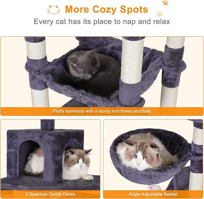 Heybly Cat Tree, 70 inches Tall Cat Tower Condo with Toy for Indoor Large Cats, Cat House Furniture with Padded Plush Perch, Cozy Hammock and Sisal Scratching Posts, Smoky Gray HCT032G