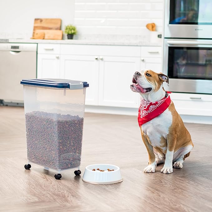IRIS USA Dog Food Storage Container 38 lb, Airtight Large Pet Food Storage Bin with Wheels, for Dog Cat Bird Chicken Food, Holds Up to 38 Lbs, Keep Fresh, BPA Free, Made in USA, Navy