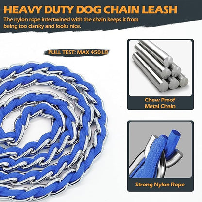 Chain Dog Leash Chew Proof Metal Leash for Medium Large Dogs, Chain Link Dog Anti Chew 5.2FT / 4FT Strong Anti Bite Comfortable Soft Padded Handle (Blue, 4FT(5-30lb))