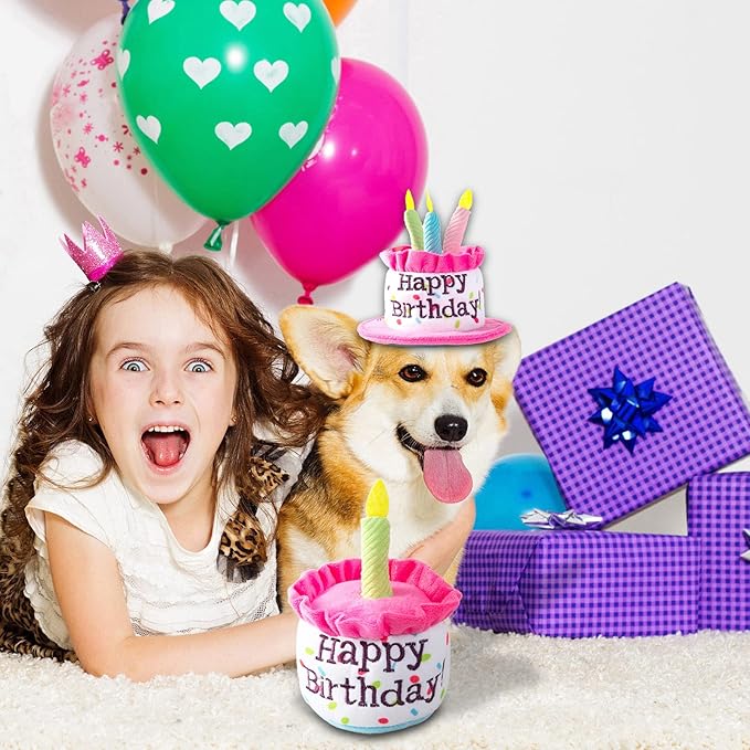 Dog Birthday Cake Toy, Happy Birthday Cake Shaped Squeaky Dog Toys for Medium & Large Dogs Funny Dogs Gifts Plush Dog Party Toys, Large, Pink