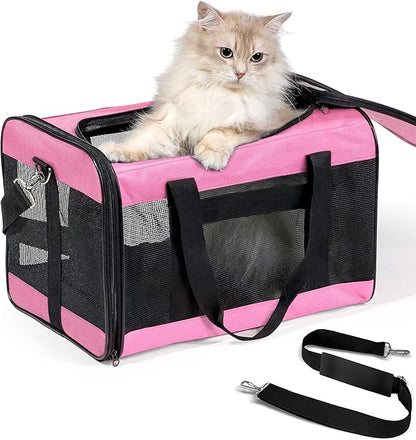 Cat Carrier Airline Approved, Soft-Sided Dog Carrier with Inner Safety Leash, Pet Transport Carrier for Small-Medium Cats Puppies up to 15 Lbs, Collapsible Travel Kitten Carrier Bag -Pink M