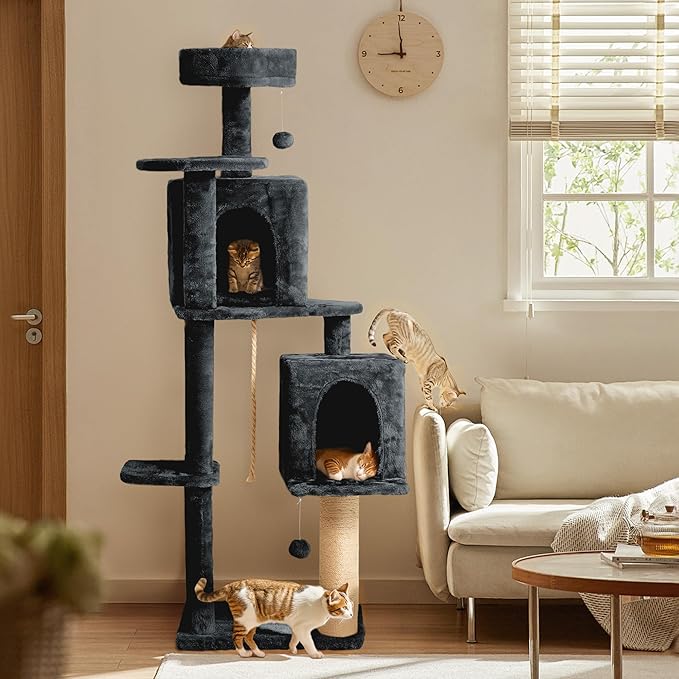 58in Large Cat Tree Tower for Indoor Cats with Soft Plush Hang Ball, Two Condos, Sisal Scratch Posts & Rope Play for Kittens/Adult Cats, Dark Grey