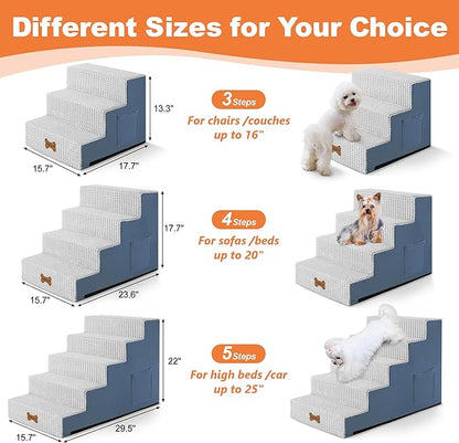 POCBLUE Dog Stairs for Small Dogs and Cats 22" H, 5-Step Pet Step for High Bed or Couch, Non-Slip Balanced Pet Ramp Indoor with High-Density Foam and Washable Cover, Grey