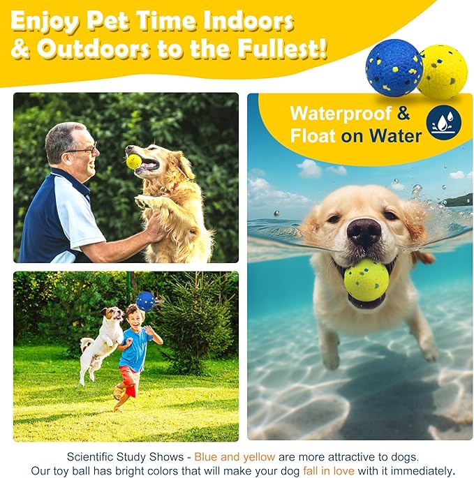2 Pack Dog Balls Indestructible Tennis for Dogs Durable Bouncy Dog Toy for Aggressive Chewers Interactive Dog Toys for Water Toy Fetch Balls (Yellow,Blue)