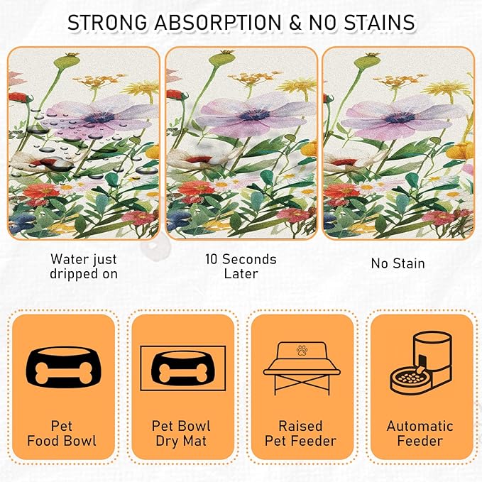 Dog Cat Food Mat - Absorbent Anti Slip Dog Bowl Mats for Food and Water, Quick Dry Cat Feeding Matts for Floors, Diatomite Pet Dish Placemat Accessories Supplies, Wildflower Style, 16 * 24in