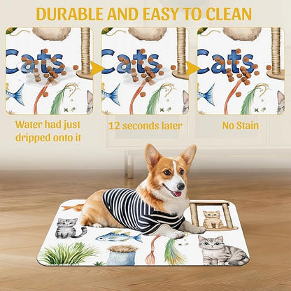 Cat Fun Pet Feeding Mat, Absorbent Bowl Pad for Dogs and Cats, Fast Dry, Non-Slip Back, Indoor Use – 16x24 Inch