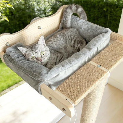Cat Window Perch with Scratching Post, 46" Adjustable Tall Scratching Posts & Suction Cup – Gray Rabbit Fur Pad, Multi-Level Perch for Climbing, Bird Watching, Play, Supports 45 lbs (Drilling-Free)
