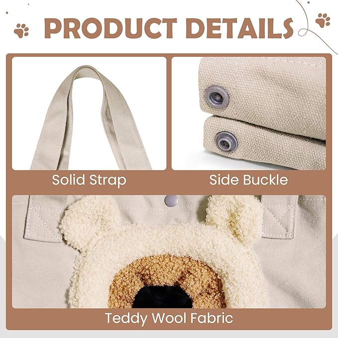 Pet Canvas Shoulder Carrying Bag, Cute Khaki Bear Shaped Cat Carrier, M Size Portable Kitten & Puppy Tote, Comfort Carriers for Small Dogs, Cats, and Pets, Handbag for Outdoor, Shopping, and Camping