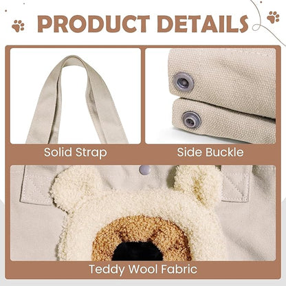 Pet Canvas Shoulder Carrying Bag, Cute Khaki Bear Shaped Cat Carrier, M Size Portable Kitten & Puppy Tote, Comfort Carriers for Small Dogs, Cats, and Pets, Handbag for Outdoor, Shopping, and Camping