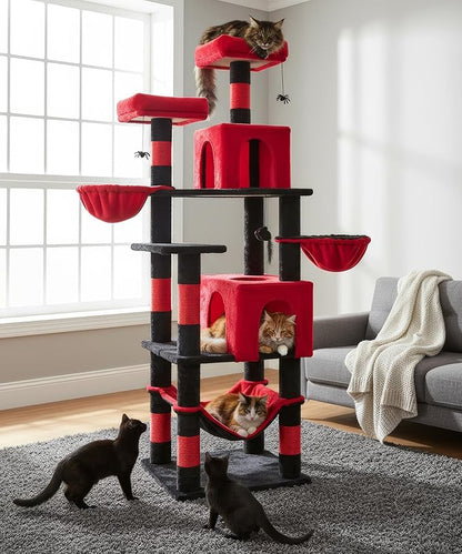 AMHANCIBLE Gothic Cat Tree, 70 Inch Tall Cat Tower for Indoor Cats, Multi-Level Cat Tree with Scratching Post, Hammock, Hanging Basket, Large Cat Condos for Adult Cats Kittens, Black Red, PT18RD
