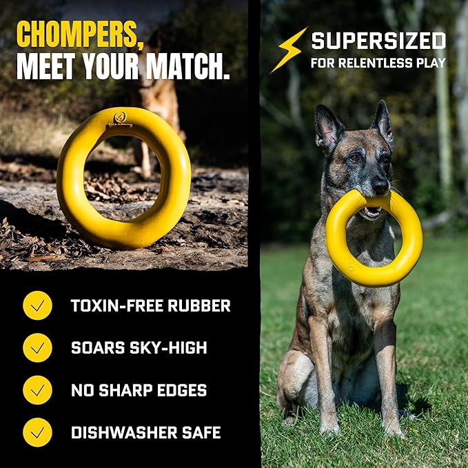 Giant XL Virtually Indestructible Dog Ring - Lifetime Replacement - Tough, Durable Chew Toy for Aggressive Chewers - Safe Non-Toxic Natural Rubber - Chew, Tug, Fetch - Large - 9"x2", 2.25lbs