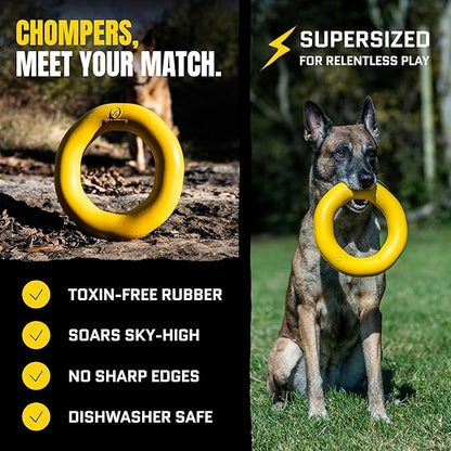 Giant XL Virtually Indestructible Dog Ring - Lifetime Replacement - Tough, Durable Chew Toy for Aggressive Chewers - Safe Non-Toxic Natural Rubber - Chew, Tug, Fetch - Large - 9"x2", 2.25lbs