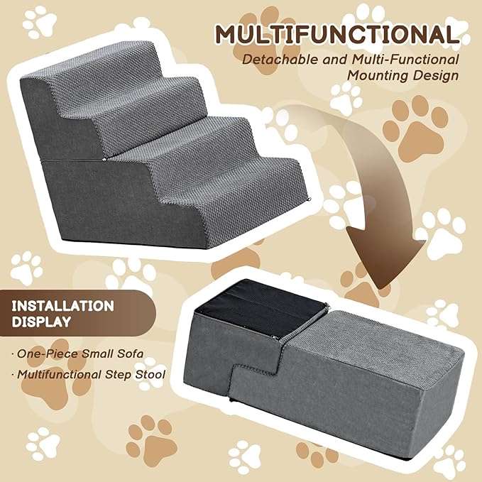 18.7''H Dog Stairs for Small Dogs,4-Step Dog Stairs Steps for High Bed, Pet Steps for Small Dogs and Cats, Non-Slip Removable Washable Cover Ramp for Indoor Outdoor Car SUV Couch Sofa,Grey