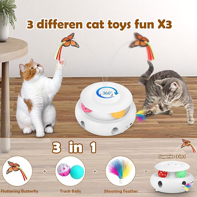 Cat Toys, 3-in-1 Interactive Cat Toy for Indoor Cats, Rechargeable Automatic Kitten Toy with Fluttering Butterfly, Moving Feather, Smart Sensor 6 Holes Whack-A-Mole & Track Balls (White)