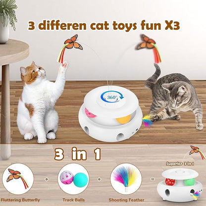 Cat Toys, 3-in-1 Interactive Cat Toy for Indoor Cats, Rechargeable Automatic Kitten Toy with Fluttering Butterfly, Moving Feather, Smart Sensor 6 Holes Whack-A-Mole & Track Balls (White)