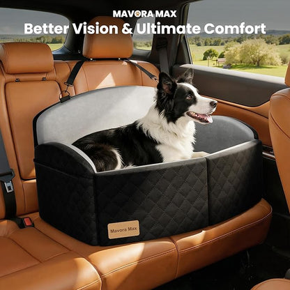 Dog Car Seat for Medium/Large Dogs, Memory Foam Dog Booster Seat with Thick Cushion up to 55 lbs or 2 Small Dogs, Travel Pet Car Seat with Detachable Washable Cover, 2 Safety Leashes (Black/Grey)