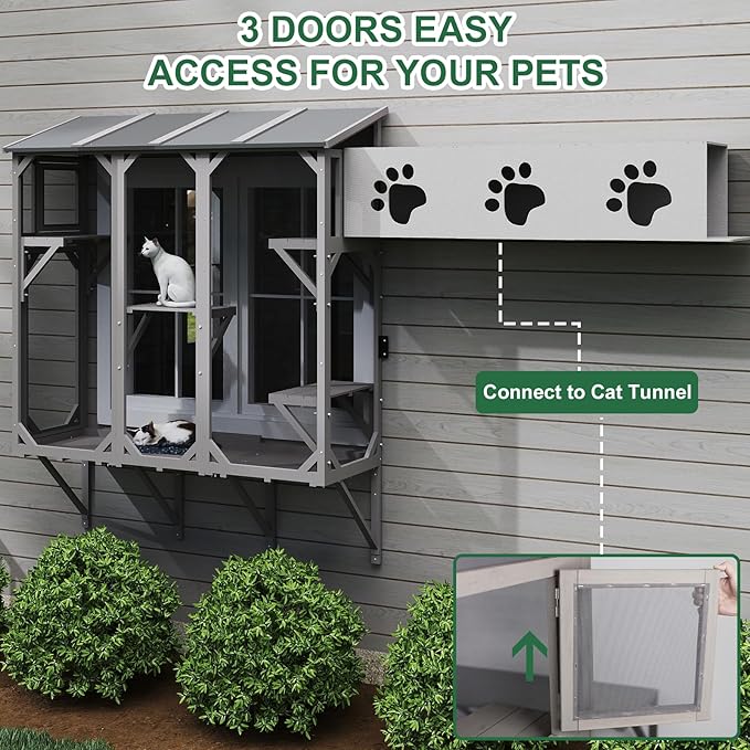 Cat Catio, Expandable Window Box Enclosure for Multiple Indoor Cats, Comfortable Wooden Small Pet Perch House, All-Weather Use, Keep Bugs Insects Out, with 4 Platforms and 3 Doors