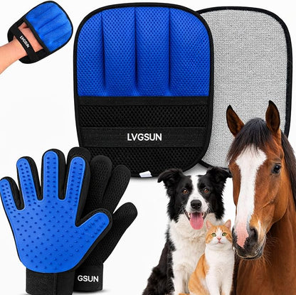 Pet Hair Remover Gloves System – 3-in-1 Set: 2 Grooming Mitts + 1 Reusable Pad for Dogs, Cats & Horses – Professional Shedding Brush for Long & Short Hair