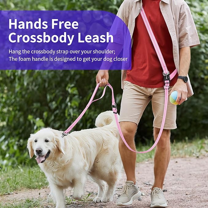 Kazazoo Hands-Free Dog Leash with Adjustable Length 6-9FT + Dual Padded Handles Reflective Safety for Walking, Jogging & Training | Suitable for Medium to Large Dogs & Puppies Pink-L