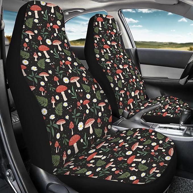 Mushroom Daisy Print Car Seat Covers Set of 2 for Women,Universal Bucket Front Seats Protector Fit for Car,SUV Sedan,Truck
