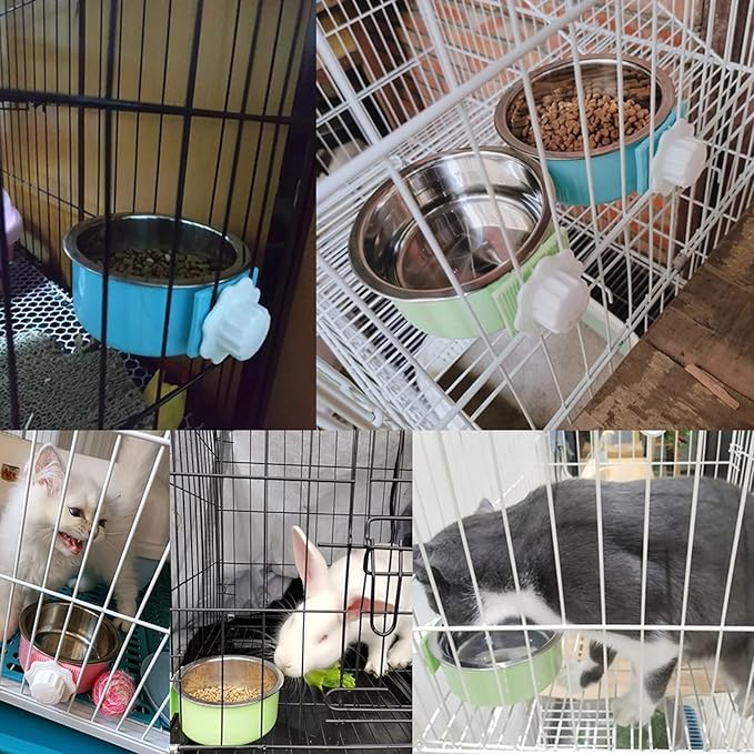 kathson Crate Dog Bowl, Removable Stainless Steel Hanging Pet Cage Bowl Food & Water Feeder Coop Cup for Cat, Puppy, Birds, Rats, Guinea Pigs (3 PCS, Size: M, Blue, Green, Pink)