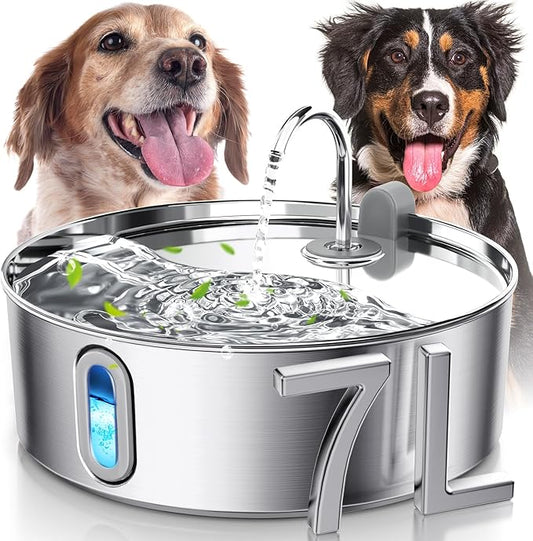 Dog Water Fountain for Large Dogs 7L/236oz Stainless Steel Dog Water Bowl Dispenser Automatic Cat Water Fountain with Deeper Drinking Area, Multi-Filtration Pet Fountain with Ultra-Quiet Pump