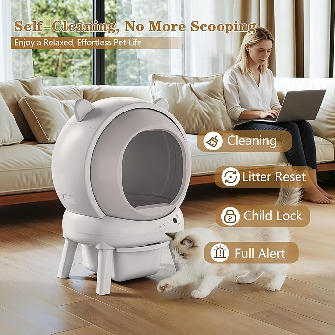 Self Cleaning Litter Box, Automatic Cat Litter Box for Multiple Cats, Auto Litter Box Robot with APP Control, Dual Safety Sensors, Odor Control&Low Noise, Cat Ears Design, Ivory White